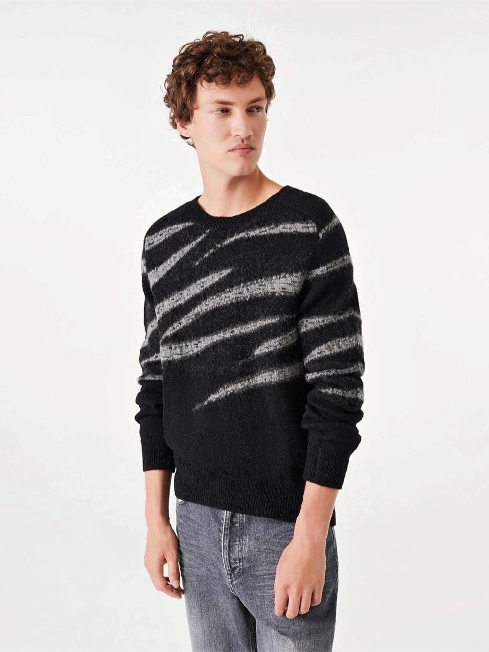 IRO Paris Men Noa Zebra Wool Mohair Sweater Black Dark Gray Size XL NWT $465